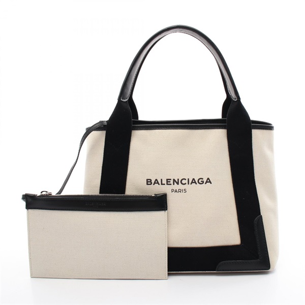 BALENCIAGA Navy cabas S Tote Bag 339933 canvas leather Beige Black Used Women