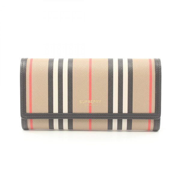 BURBERRY Icon Stripe E-Canvas Bifold long wallet 8030447 leather Beige Used