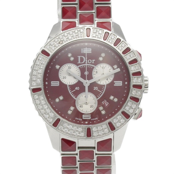 Christian Dior Crystal Chronograph Watch CD11431G Quartz SS diamond Used Women