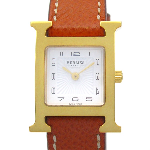 HERMES H Wrist Watch HH1.201 Quartz Gold Plated Leather belt Used Women