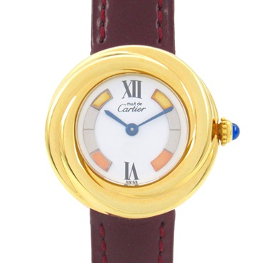 CARTIER Must Trinity Wrist Watch W1010744 Quartz Gold Plated Leather belt Used Women