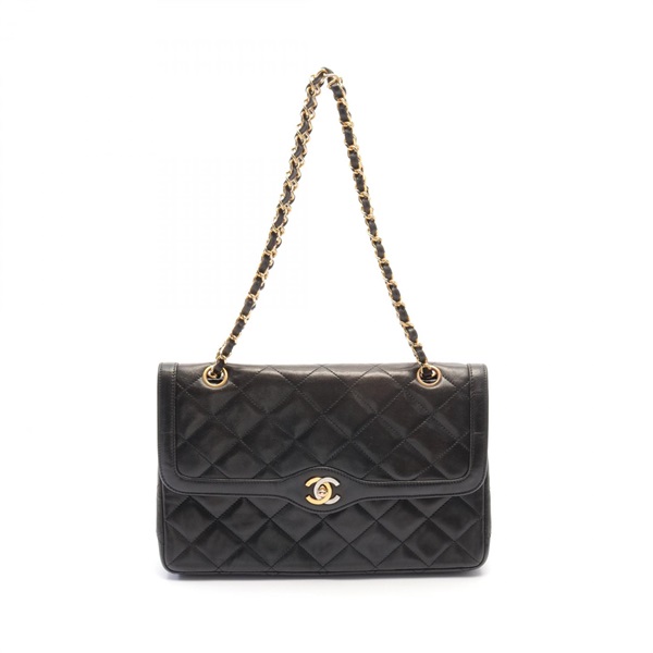 CHANEL Matelasse W flap chain Shoulder Bag Lambskin Black Used