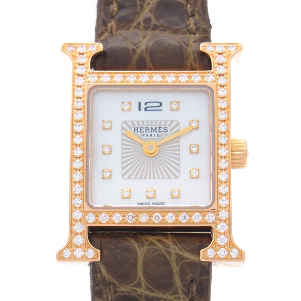 HERMES H Watch Mini Bezel Diamond/11PDiamond Wrist Watch HH1.171b Quartz K18PG（Rose Gold） leather Us