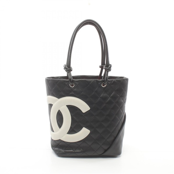 CHANEL Cambon line medium Tote Bag A25167 leather Black White Used SHW