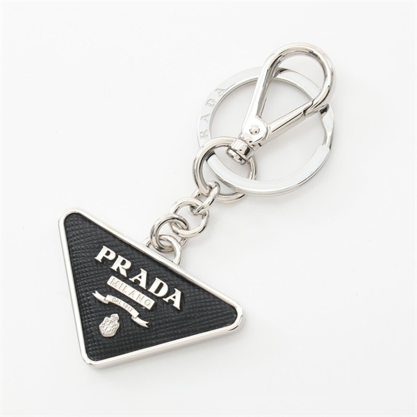 PRADA Triangle logo key ring 2PP080 Saffiano leather metal Black Silver NEW