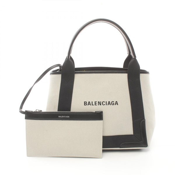 BALENCIAGA NAVY CABAS Tote Bag 339933 210F3 canvas leather Beige Black Used