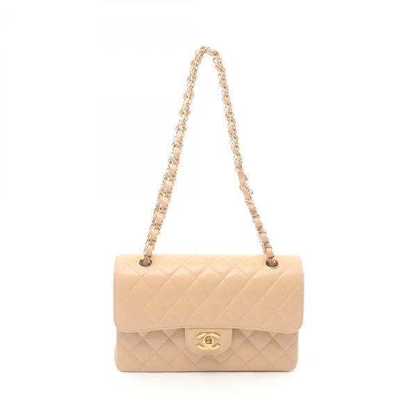 CHANEL Matelasse W flap Shoulder Bag A01113 Caviar Skin Grained Calf Beige Used