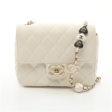 CHANEL Mini Matelasse Chian Shoulder Bag Lamb sheep leather White Used GHW CC