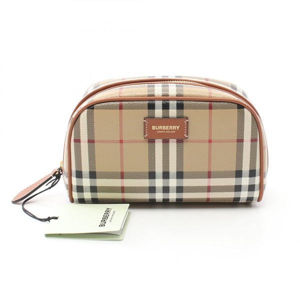 BURBERRY Check Travel Pouch 8067159 canvas leather Beige Multicolor NEW Women