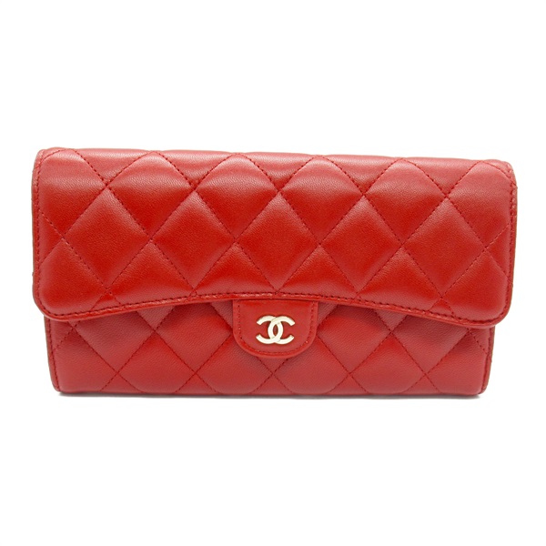 CHANEL Matelasse ZIP long wallet Lambskin sheep leather Red Used Women GHW CC