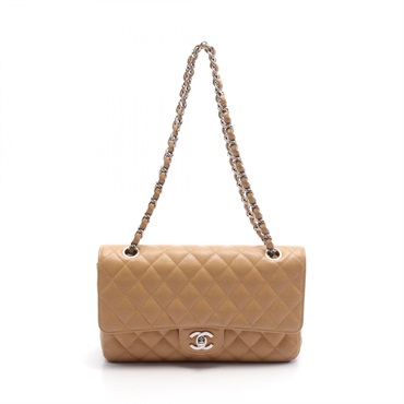 CHANEL Matelasse W flap chain Shoulder Bag A01112 calfskin Beige Used SHW