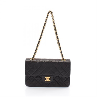 CHANEL Matelasse W flap chain Shoulder Bag A01113 Lambskin Black Used GHW