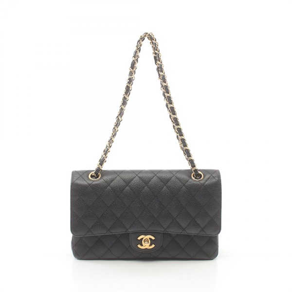 CHANEL Matelasse W flap chain Shoulder Bag A01112 Grained Calf Black Used GHW