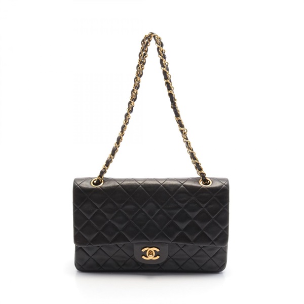 CHANEL Matelasse W flap chain Shoulder Bag A01112 Lambskin Black Used GHW