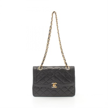 CHANEL Mini Matelasse W Flap chain Shoulder Bag Lambskin Black Used