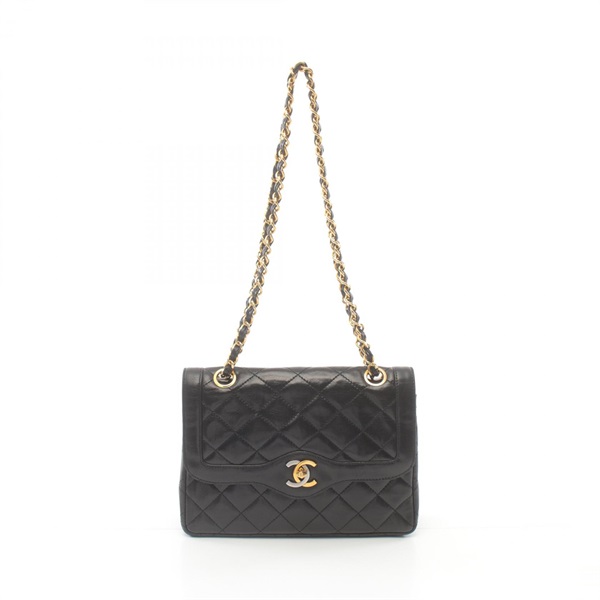 CHANEL Mini Matelasse W Flap chain Shoulder Bag Lambskin Black Used