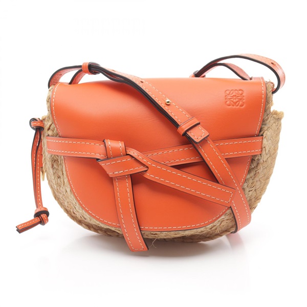 LOEWE Anagram Gate Shoulder Bag leather Raffia Beige Orange Used Women