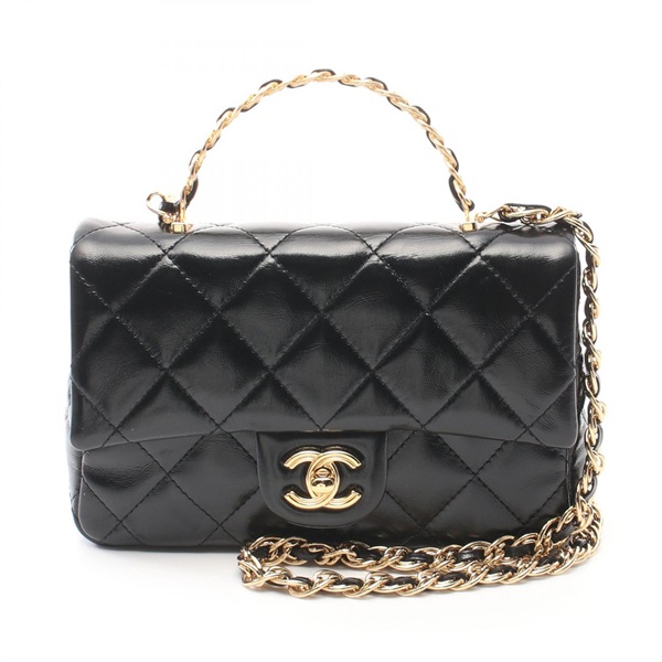 CHANEL Matelasse Top Handle chain Shoulder crossbody Bag leather Black Used GHW