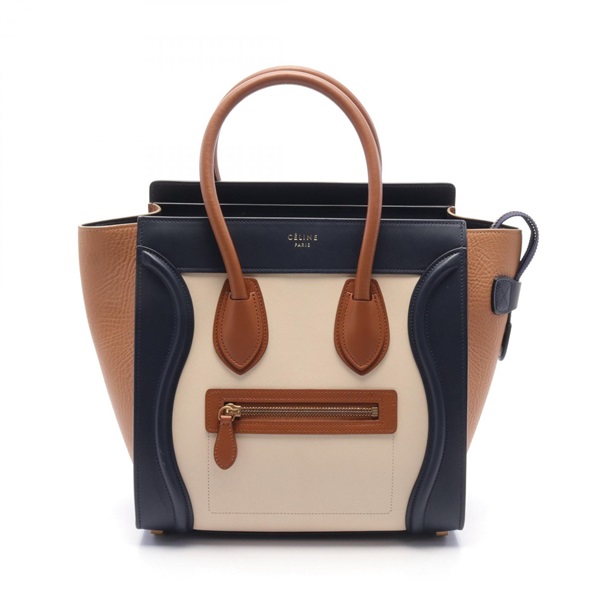 CELINE Luggage micro shopper Tote Bag 167793 leather Navy Beige Used Women