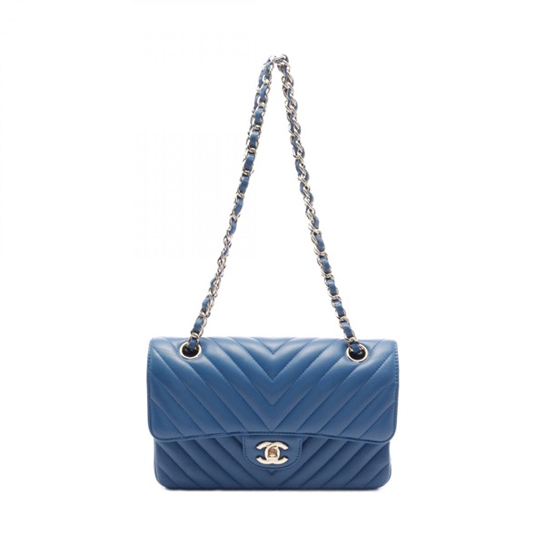 CHANEL Chevron V-stitch W-flap chain Shoulder Bag A01113 leather Blue Used GHW