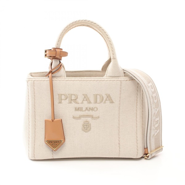 PRADA CANAPA RICAMO Hand shoulder crossbody tote bag 1BG464 canvas leather beige