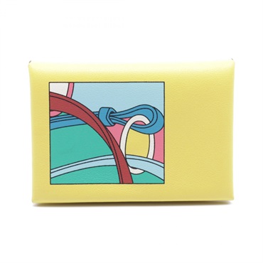 HERMES Calvi Duo Le Lever coin purse wallet Swift leather Yellow Lime Used B SHW