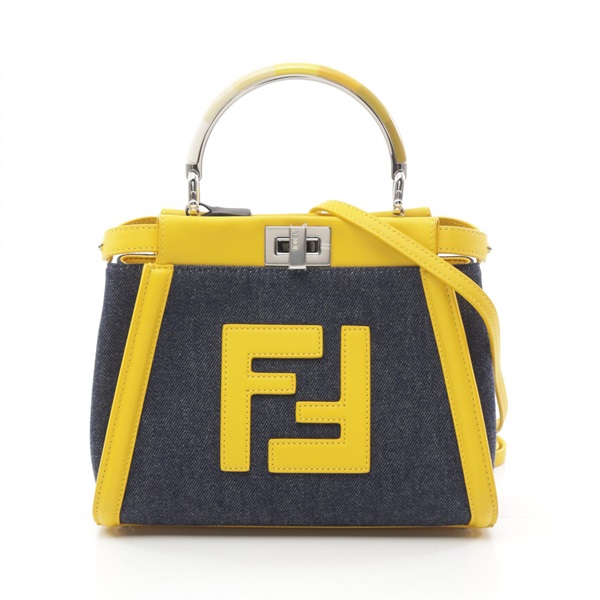 FENDI Mini Peekaboo Iconic 2way Handbag 8BN316 denim leather Navy Yellow Used