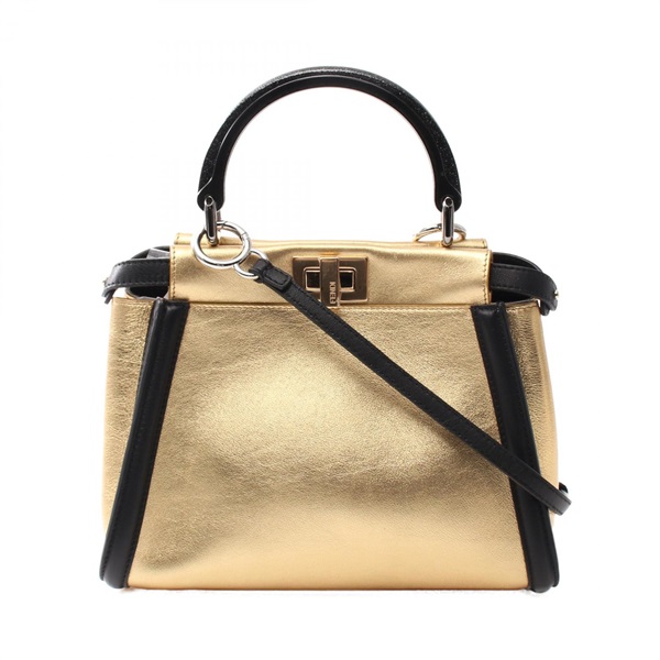 FENDI Mini Peekaboo Iconic 2way shoulder Handbag 8BN316 leather Gold Black Used