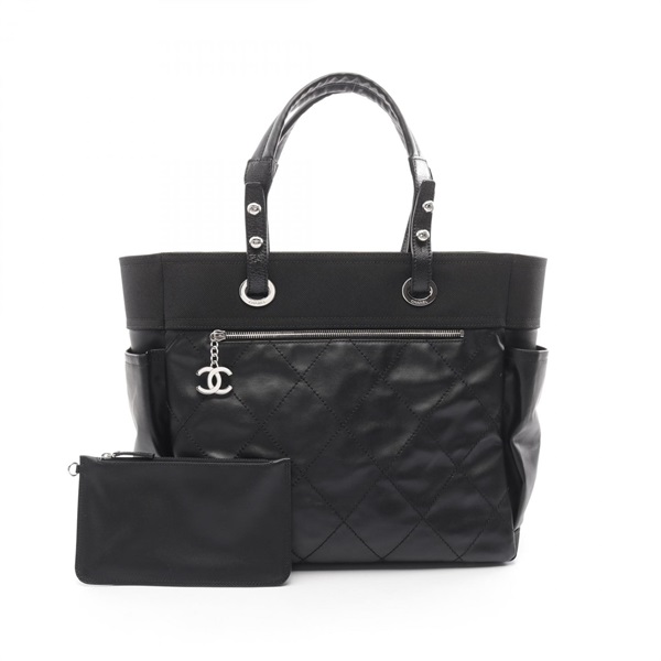 CHANEL Paris Biarritz GM Tote hand Bag A34210 canvas leather Black Used SHW