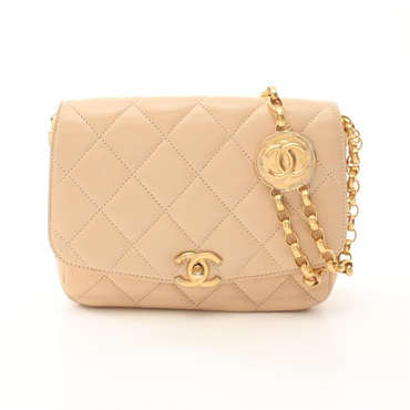 CHANEL Matelasse COCO Mark chain Shoulder crossbody Bag Lambskin Beige Used GHW