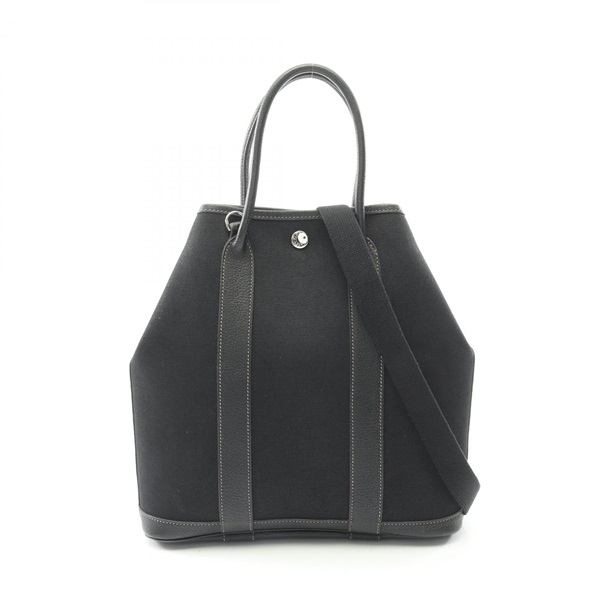HERMES Garden file PM Tote Shoulder Crossbody Bag canvas leather Black Used H