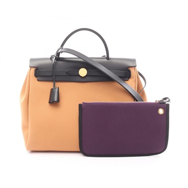 HERMES Herbag Zip PM Retourne Shoulder Handbag canvas leather Toffee Cassis Used