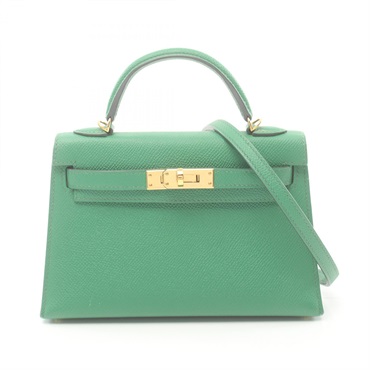 HERMES Kelly Mini 2 Shoulder Hand bag Epsom Leather GHW Bamboo Green Used Women