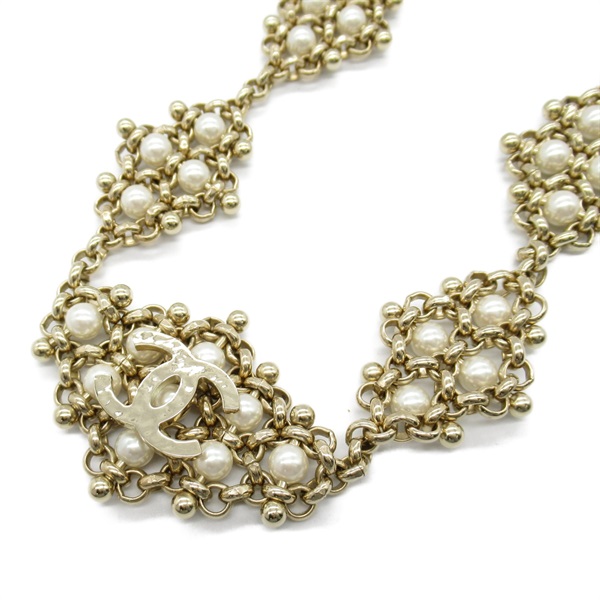 CHANEL Artificial pearl Necklace Plated White Champagne Gold Used CC Coco GHW