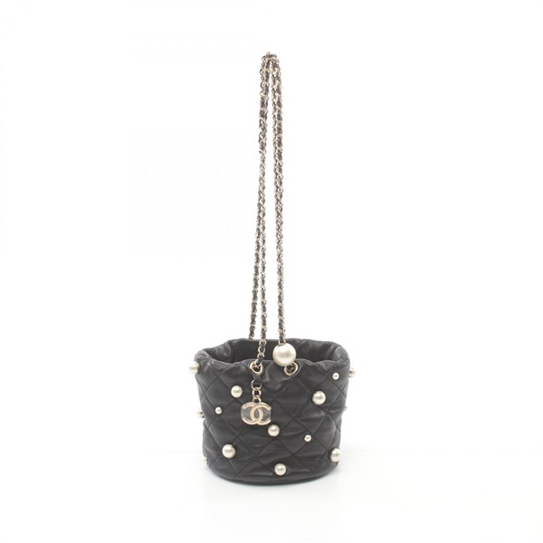 CHANEL Matelasse chain Shoulder Bag Lambskin Black artificial pearls Used