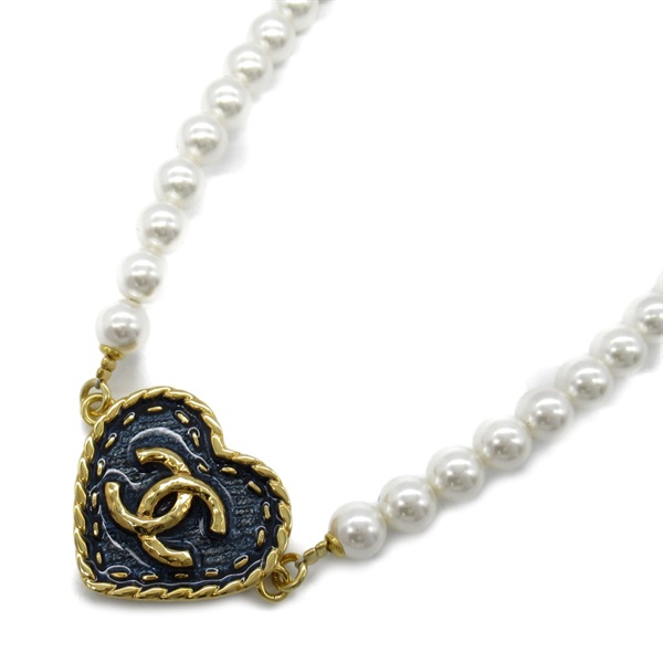 CHANEL COCO Mark Choker Necklace Gold Plated Artificial pearl White Blue NEW CC