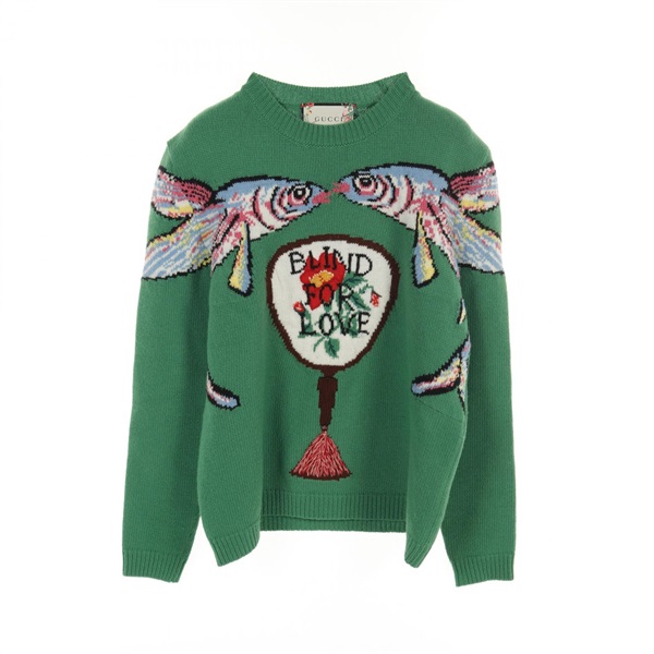 GUCCI Unskilled Worker BLIND FOR LOVE Sweater 491813 wool Green Used Women #XS