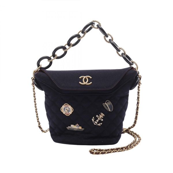 CHANEL Paris Hamburg Matelasse chain Shoulder Bag A57868 wool Navy Black GHW