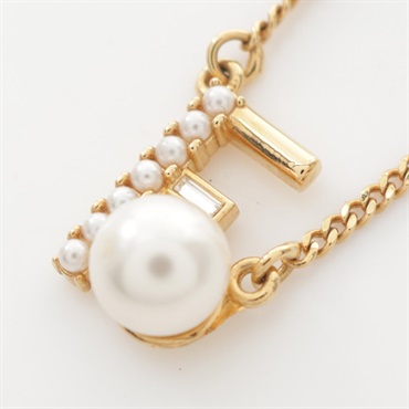 FENDI F logo Necklace Pendant Gold Plated Artificial pearl White Used women