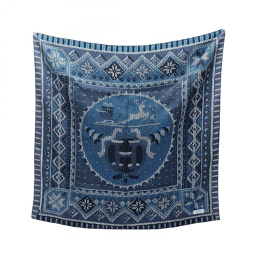 HERMES Carre 90 AU COIN DU FEU Scarf Stole Wrap silk Blue Navy White Used Women