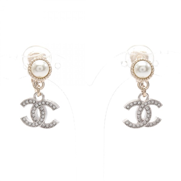 CHANEL COCO Mark Earrings Gold Plated Artificial pearl rhinestone SHW GHW Used