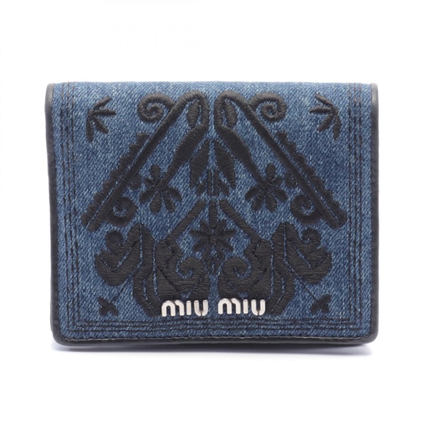 Miu Miu DENIM RICAMO Bi-fold wallet 5MV204 denim leather Navy Black Used Women