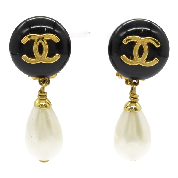 CHANEL COCO Mark Tear drop Earring Gold Plated Artificial pearl Black White Used