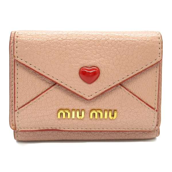 Miu Miu Tri-fold wallet purse 5MH021 leather Pink Used Women logo