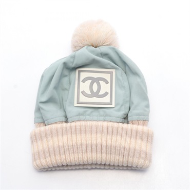 CHANEL CC Sports Line Knit Hat Beanie Polyamide Cotton Blue Beige Used Women #M