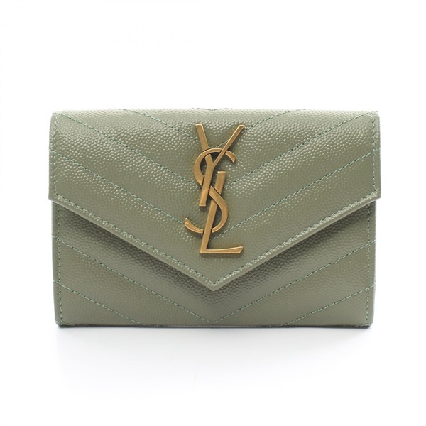 SAINT LAURENT PARIS Monogram Envelope Wallet coin purse leather Khaki Used Women