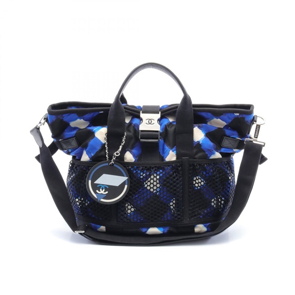 CHANEL Airline 2way Tote Bag shoulder Nylon leather Blue Black White Used Women