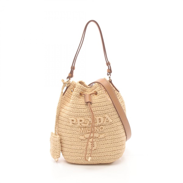 PRADA Mini bucket 2way shoulder Handbag 1BE068 leather Raffia Beige Used Women