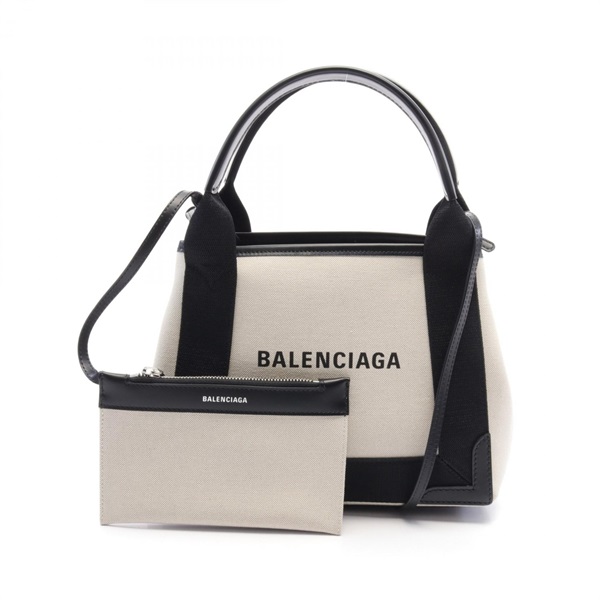 BALENCIAGA Navy cabas XS Handbag 390346 canvas leather Beige Black Used Women