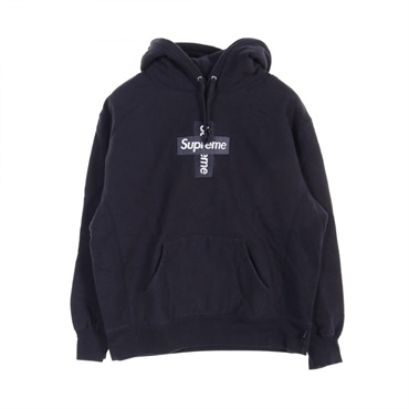 Supreme Cross Box Logo Hooded Sweatshirt Hoodie cotton Navy Used mens #M